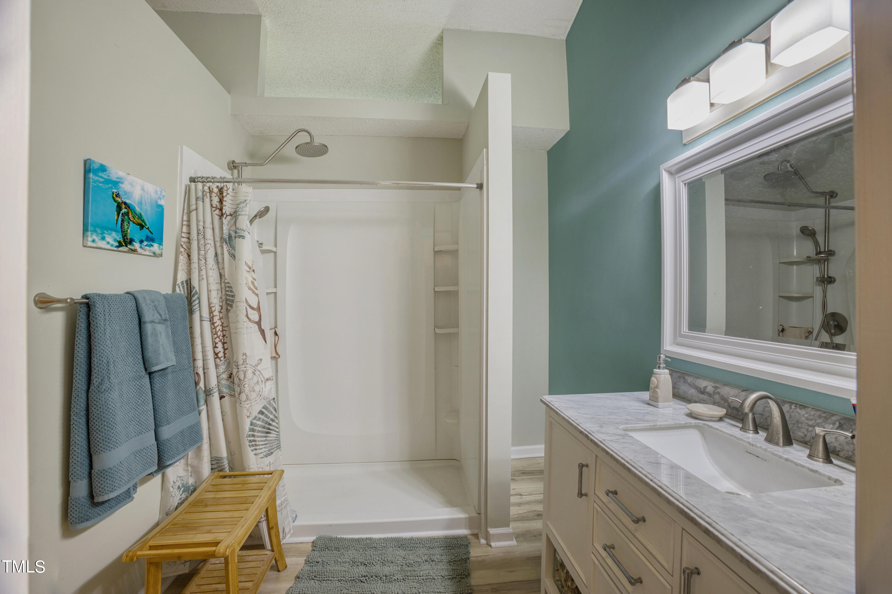 2650 Schloss Road Louisburg, NC 27549 - Photo 20 of 48 a bathroom with a granite countertop sink a mirror and a shower