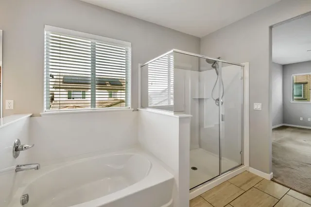 a bathroom with a bathtub and a shower
