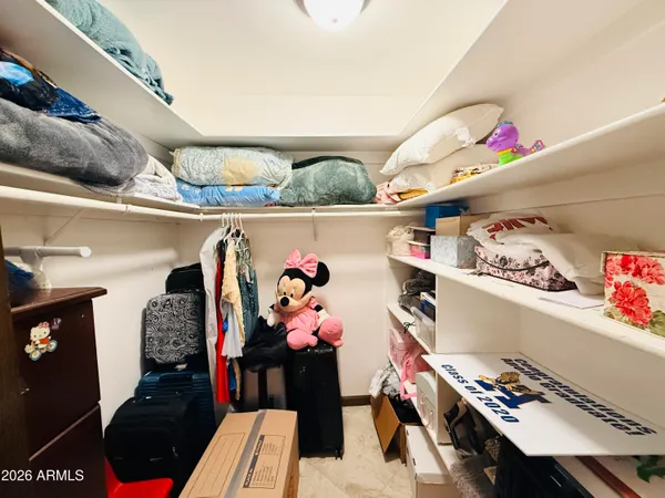a view of walk in closet with clothes and shoes