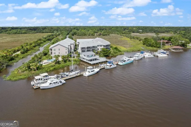 an aerial view of a house with a garden and lake view