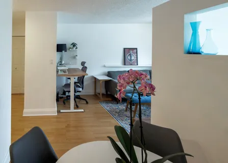 a living room with furniture a couch and a potted plant