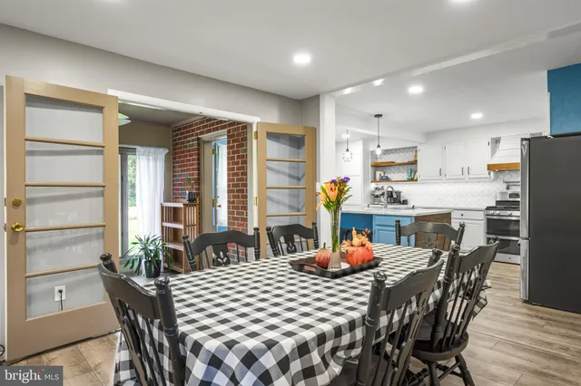 a view of a dining room with furniture