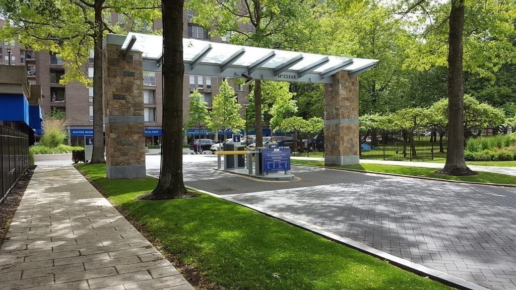 a view of a park with plants and large trees