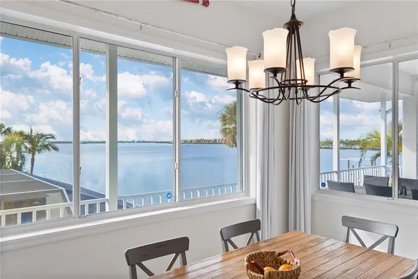 a view of a dining room with furniture window and outside view