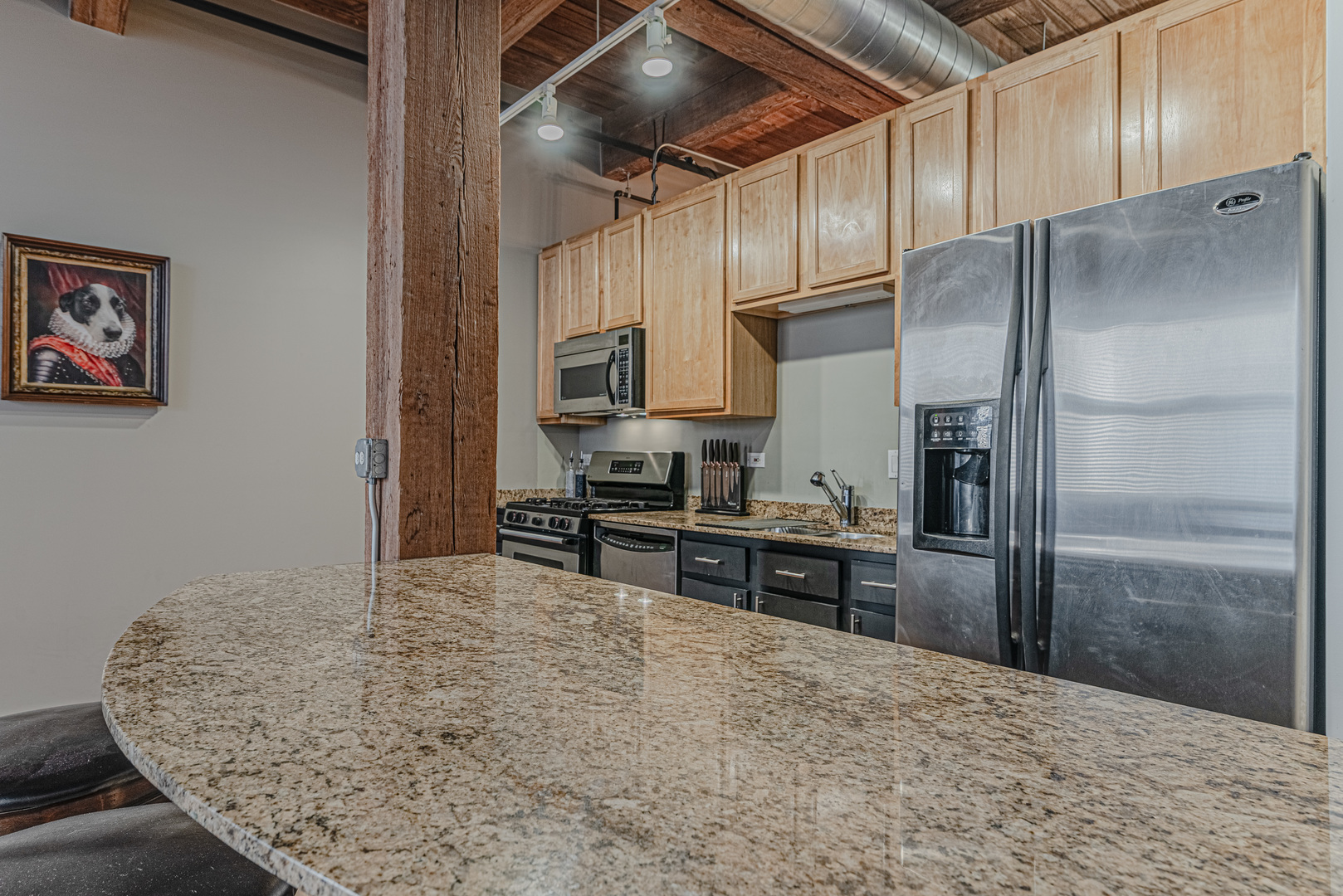 1500 West Monroe Street, Unit 517 Chicago, IL 60607 - Photo 9 of 26 a kitchen with kitchen island a counter top space cabinets and stainless steel appliances