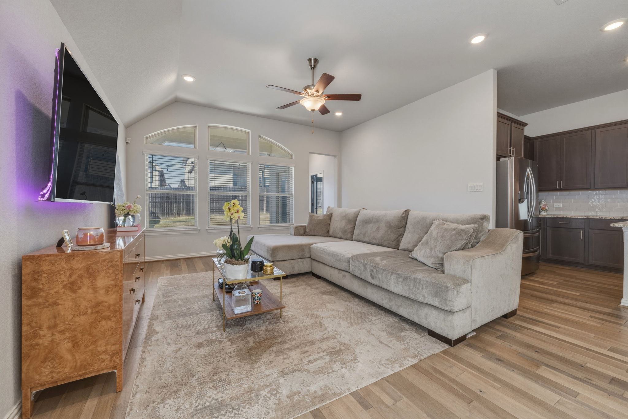 918 Leadtree Loop Buda, TX 78610 - Photo 8 of 27 Living room featuring a ceiling fan, light wood-style flooring, and recessed lighting
