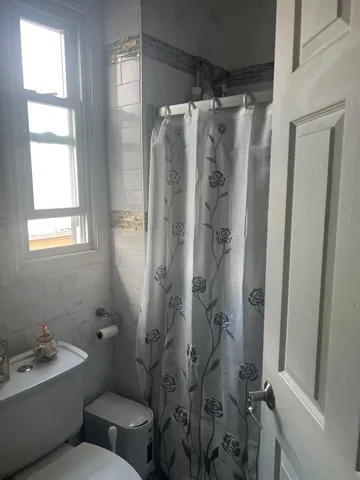 a bathroom with a shower and a toilet