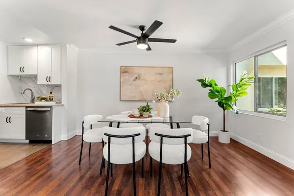 a view of a dining room with furniture and a potted plant