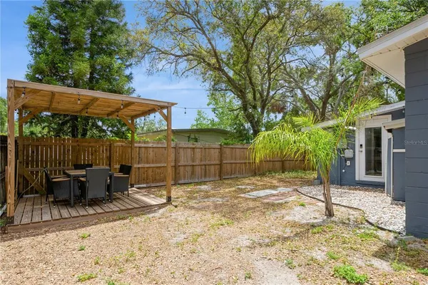 a backyard of a house with table and chairs