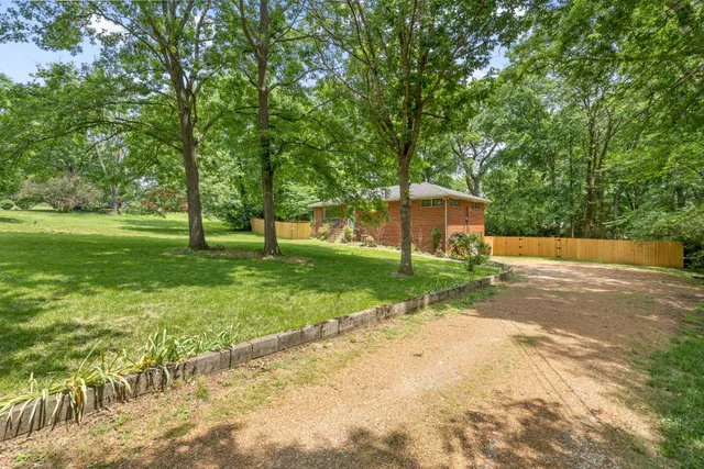a garden with trees in front of it