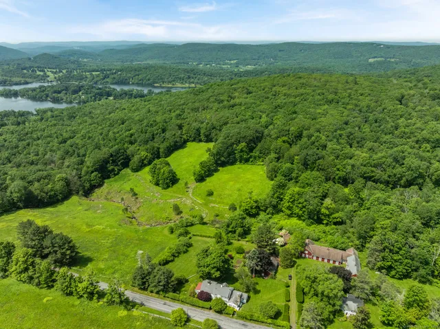a view of a lush green outdoor space with a lake view