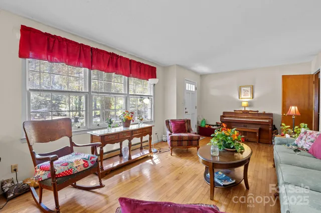 a living room with furniture and a potted plants
