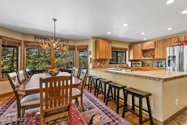 a view of a kitchen and dining room