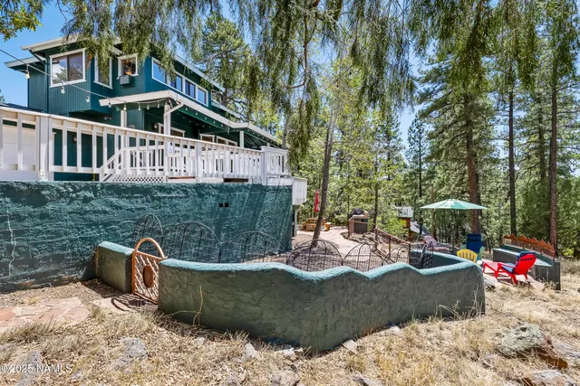 a view of a chairs and table in the backyard