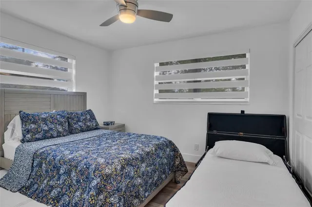 a view of a backyard with plants and a patio