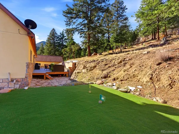a view of yard with swimming pool and green space
