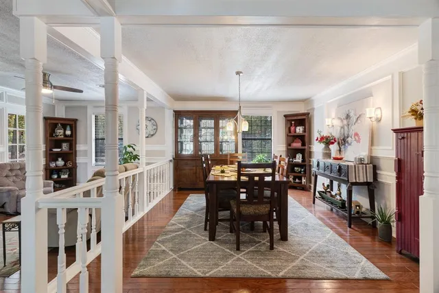 a view of a dining room with furniture