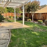 a view of a backyard with small cabin