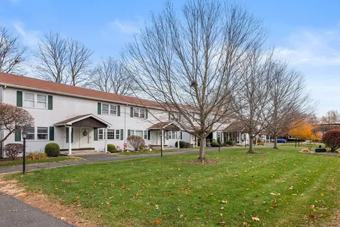 a front view of a house with a garden and trees