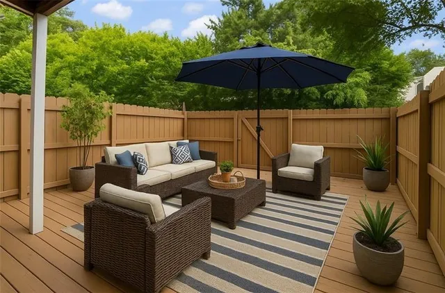 a view of a patio with couches under an umbrella