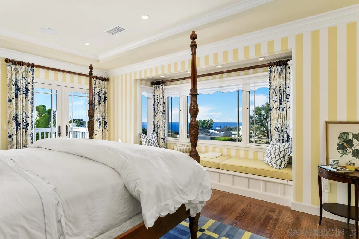 2254 Del Mar Heights Road Del Mar, CA 92014 - Photo 16 of 34 a spacious bedroom with a large bed and a chandelier