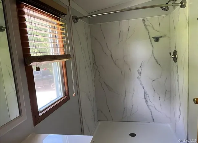 a bathroom with a shower and a window