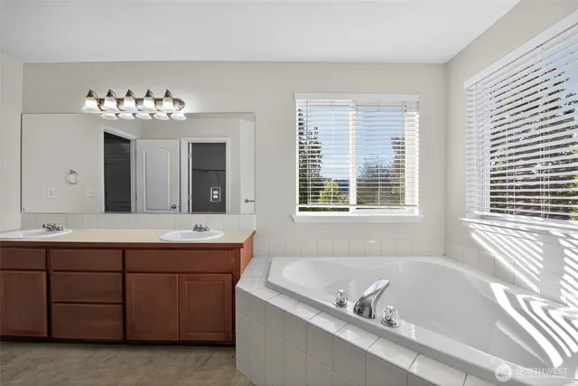a bathroom with a tub sink and mirror