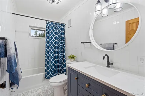 a bathroom with a sink a toilet a mirror a vanity and shower