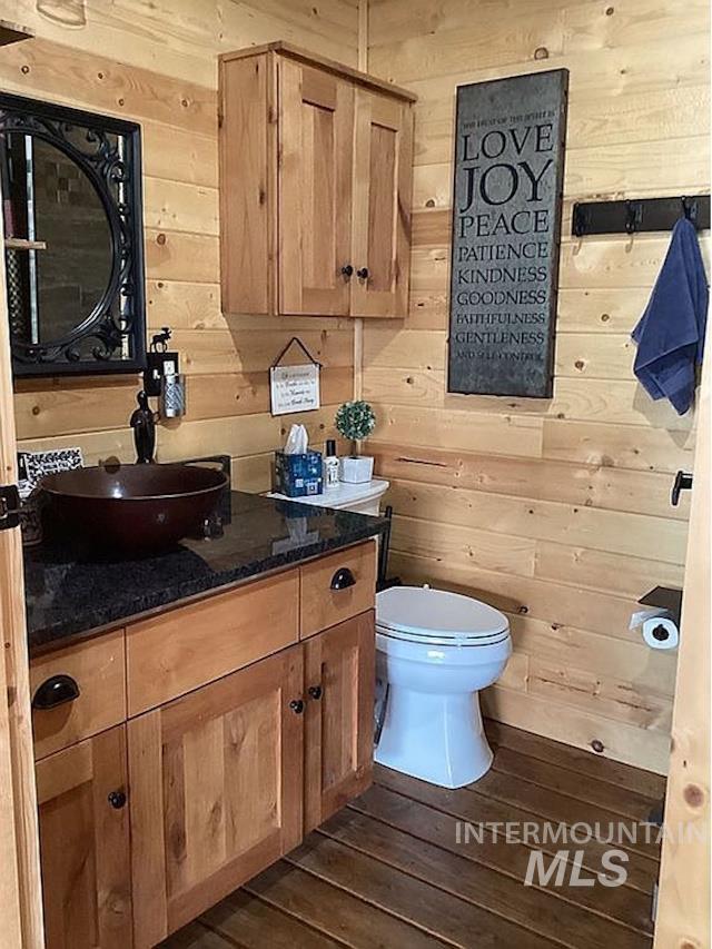 1000 Pardee Road Kamiah, ID 83536 - Photo 32 of 50 Wood-paneled bathroom featuring a vanity with wood cabinetry, a dark countertop, and a vessel sink