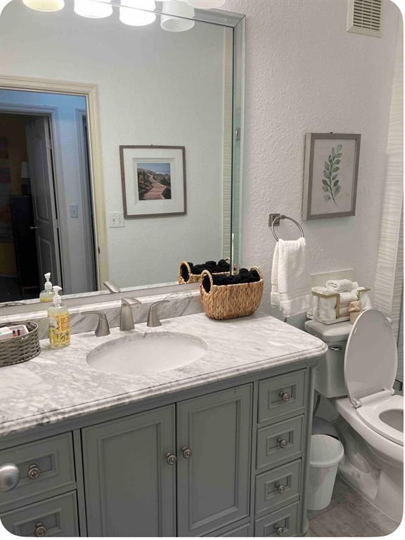4221 West Spruce Street, Unit 2222 Tampa, FL 33607 - Photo 23 of 25 a bathroom with a granite countertop toilet sink and mirror