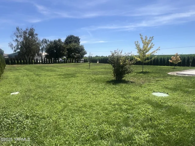 a view of a big house with a big yard and large trees