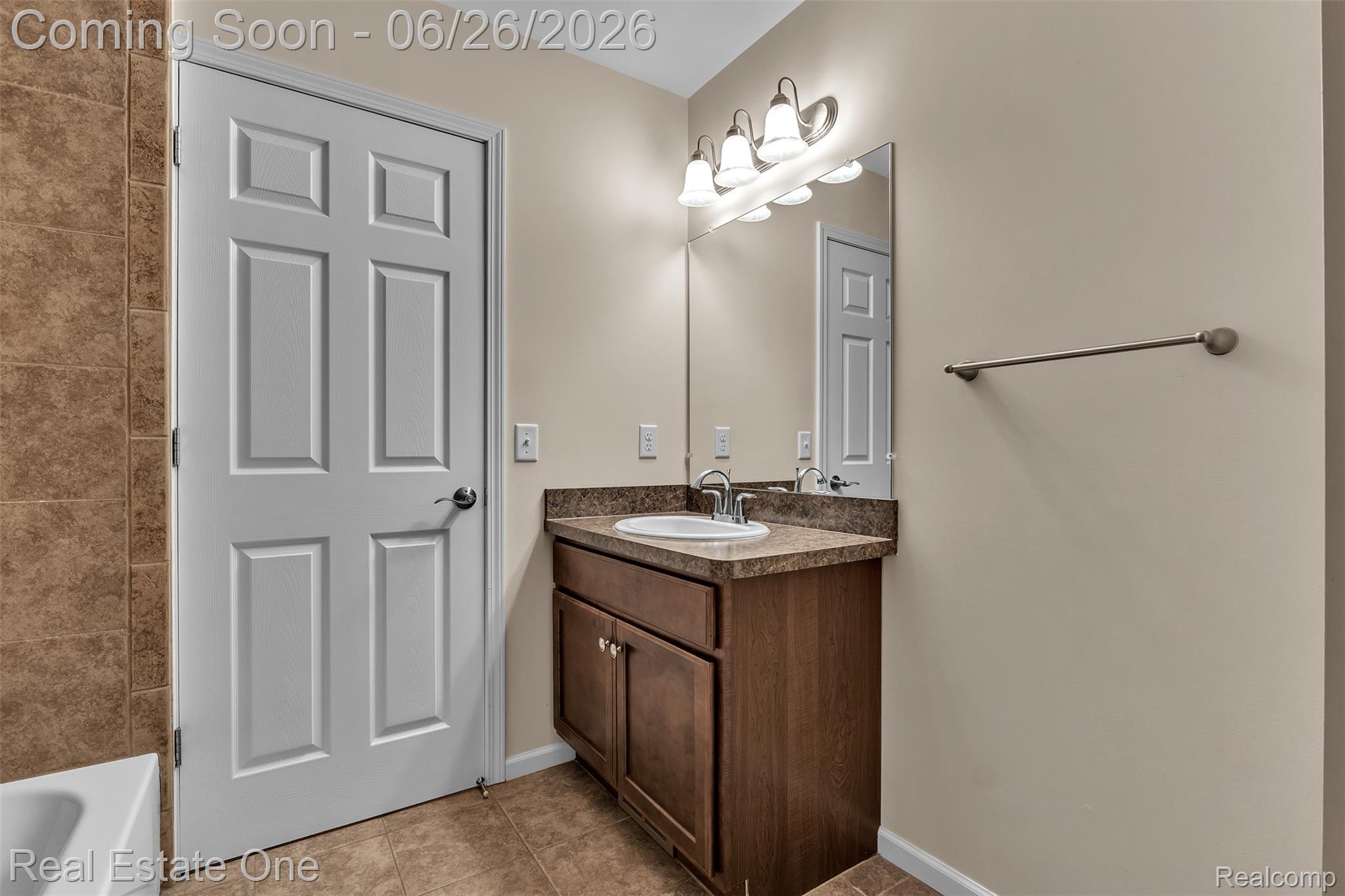 41590 Mitchell Road Novi, MI 48377 - Photo 29 of 45 Bathroom featuring a single vanity with a laminate countertop, integrated sink, and wood-finish cabinetry