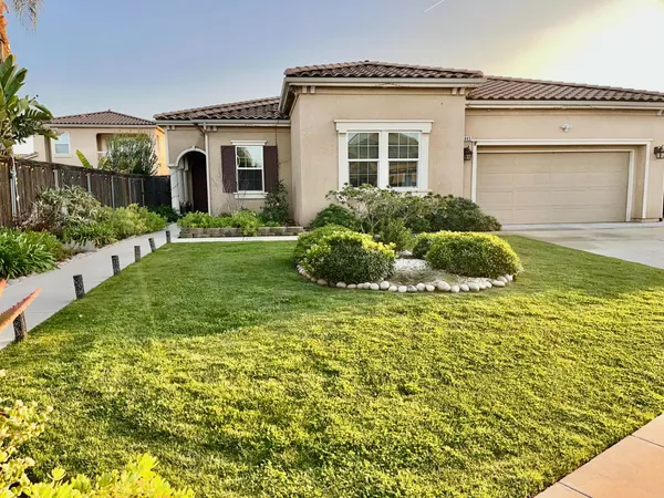 a view of a house with a yard and potted plants