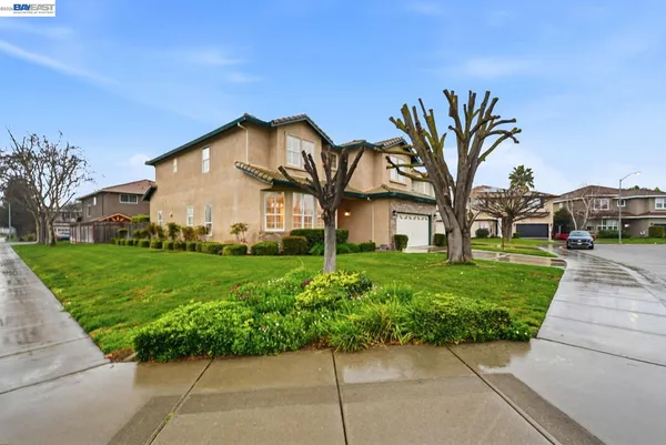 a front view of a house with a yard and potted plants