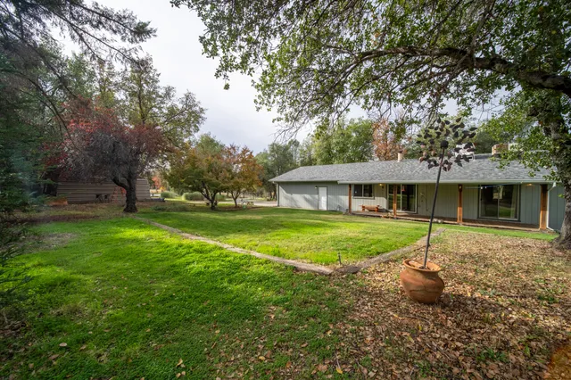 a view of a house in front of a big yard with plants and large trees