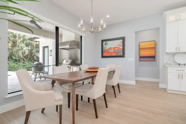 a view of a dining room with furniture wooden floor and chandelier