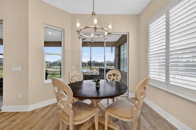 a view of a dining room with furniture window and outside view