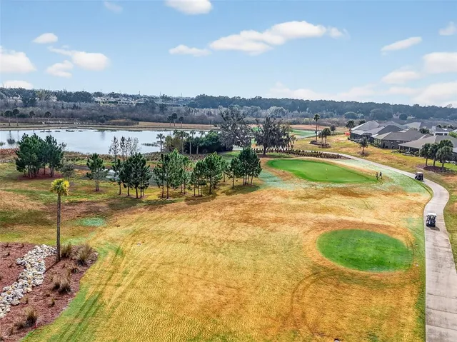 a view of a swimming pool with a yard and mountain view