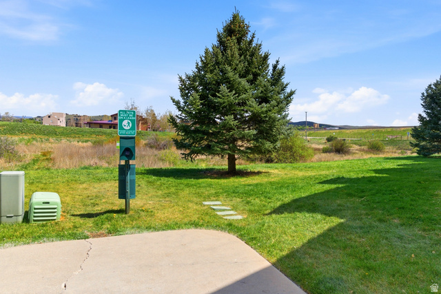 900 Bitner Road, Unit P20 Park City, UT 84098 - Photo 29 of 42 Expansive green space featuring a concrete patio, mature evergreen trees, and a pet waste station with a dedicated receptacle