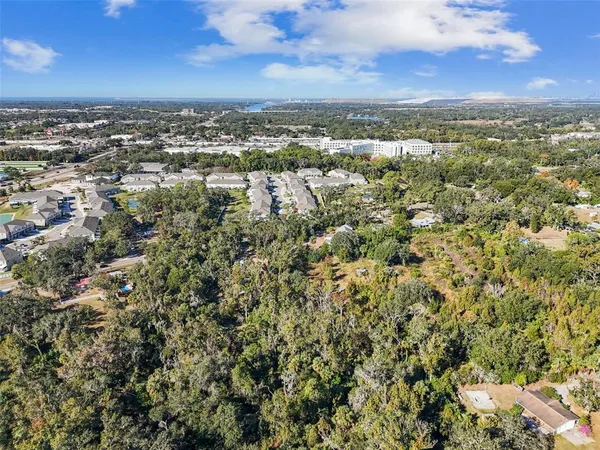 an aerial view of residential houses with city view