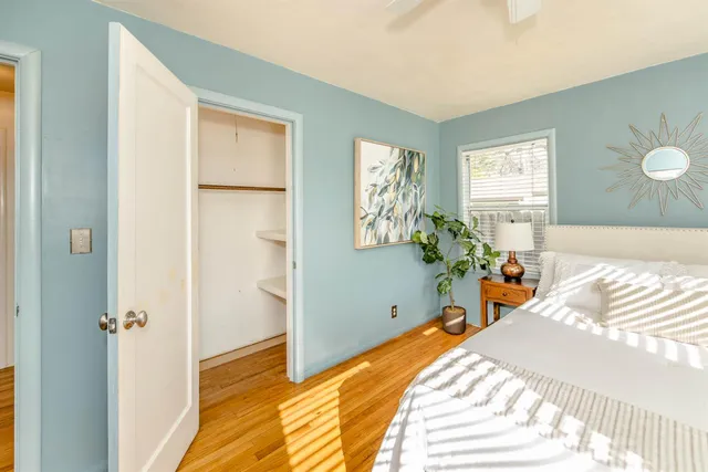 a view of a house with a big yard potted plants and large tree