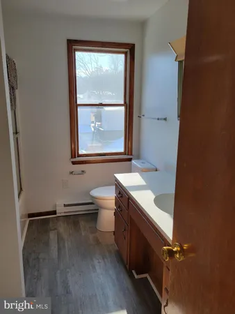 a bathroom with a sink toilet and window