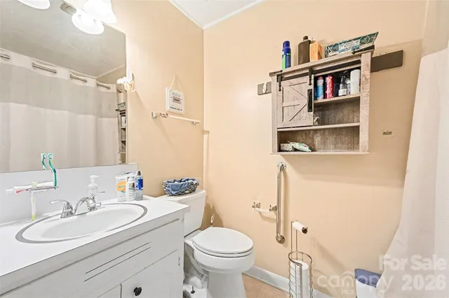 a bathroom with a sink toilet vanity and shower