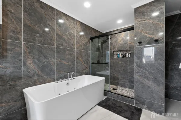 a bathroom with a bathtub and a shower