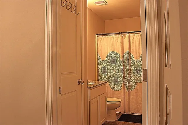 a bathroom with a toilet and a shower curtain