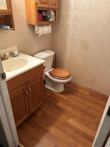 a bathroom with a toilet a sink and mirror
