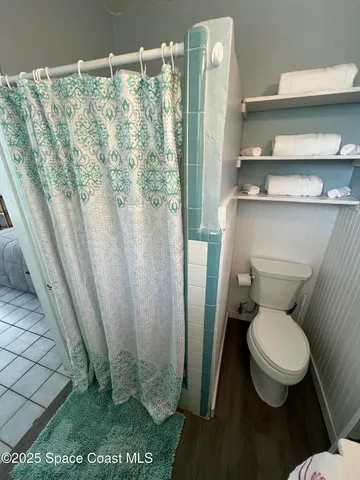 a white toilet sitting next to a shower curtain