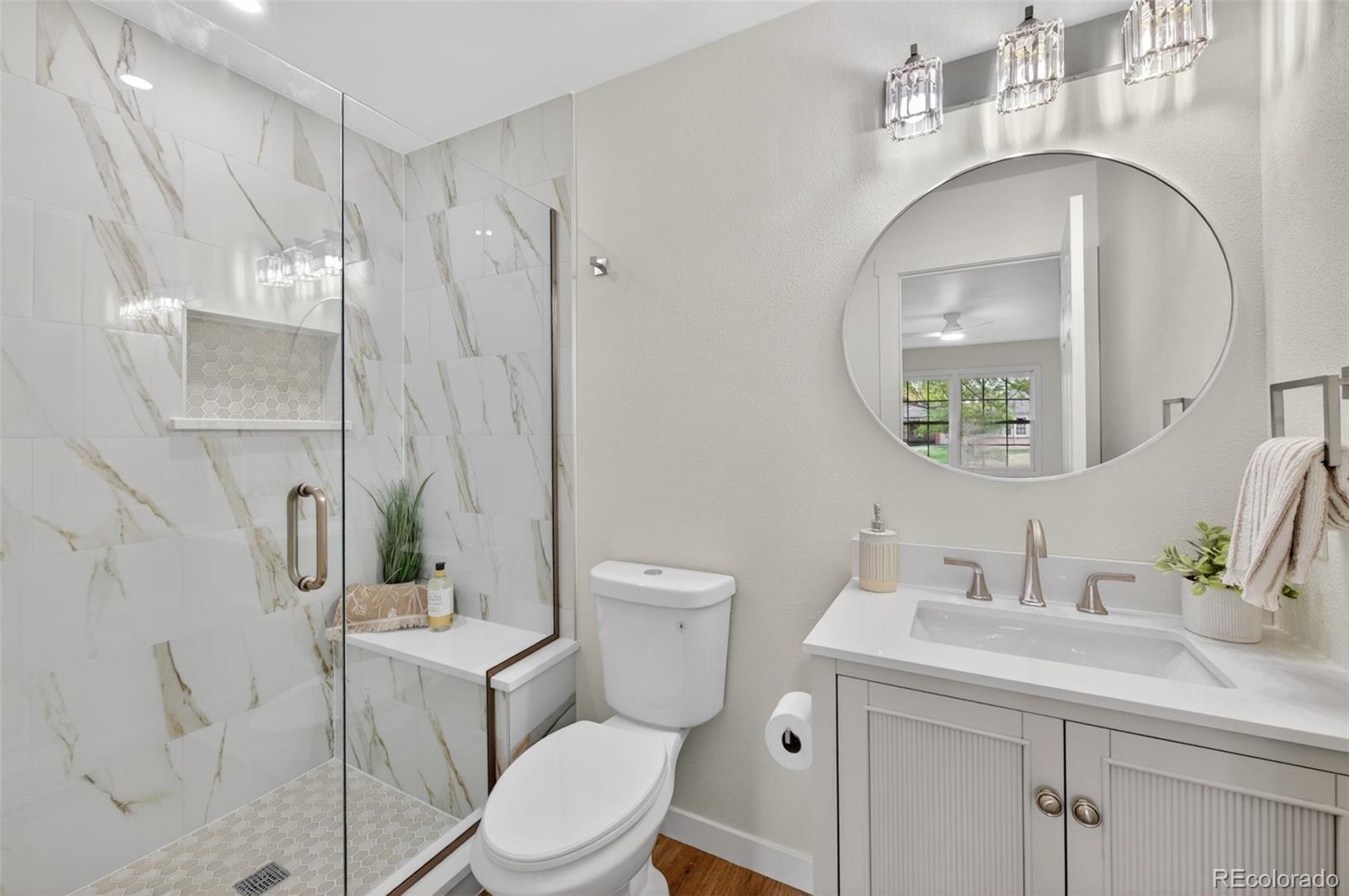 8943 Greenspointe Lane Highlands Ranch, CO 80130 - Photo 13 of 38 a bathroom with a sink a toilet and a mirror