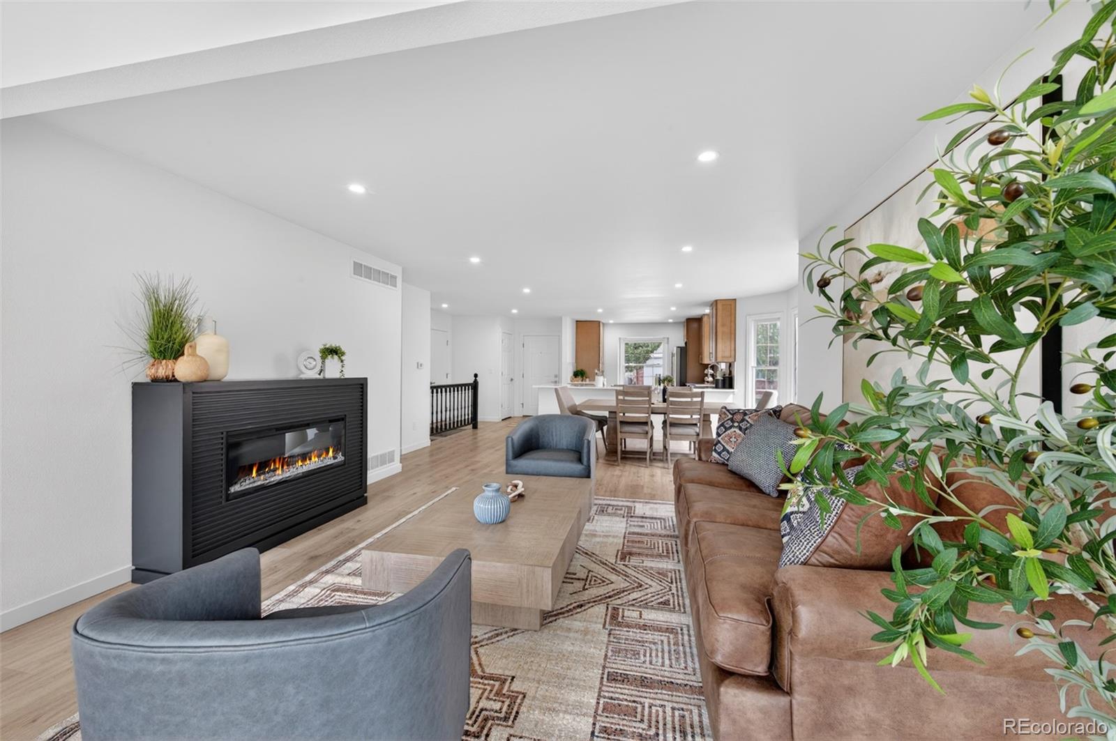 8943 Greenspointe Lane Highlands Ranch, CO 80130 - Photo 9 of 38 a living room with furniture a fireplace and a potted plant