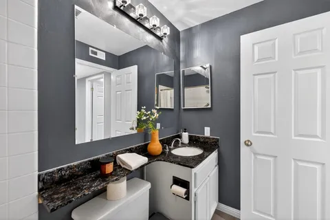 a bathroom with a sink and a mirror